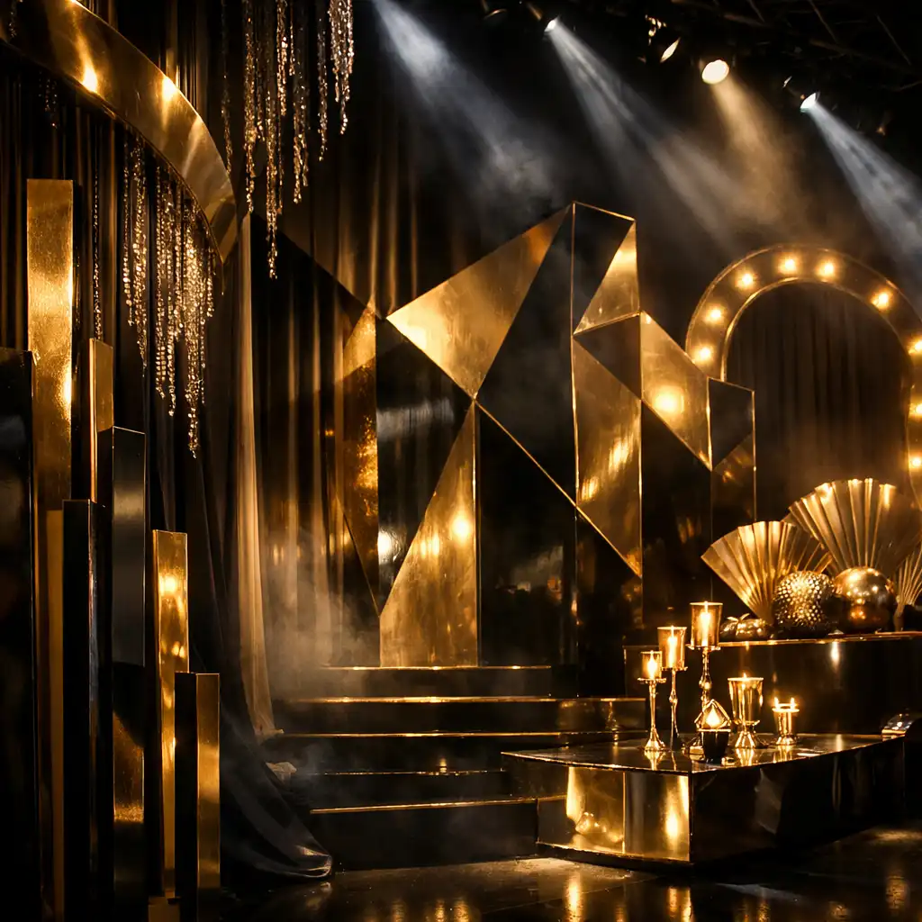 Scenografia eventowa z dramatycznym oświetleniem i złotymi refleksami