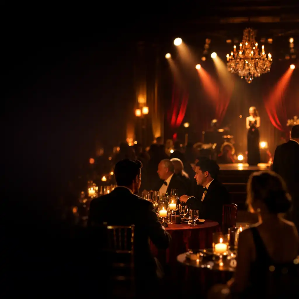 Elegancka scena eventowa z teatralnym oświetleniem w złocie i burgundzie